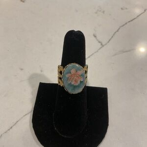 Vintage hand painted porcelain Cameo flower Ring gold tone adjustable